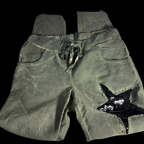 Venti6 Distressed Khaki Drawstring Waist Jogger Sequin Stars Pants Sz S - Picture 5 of 12